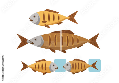 Stylized Fish Illustration with Cutout Sections and Muted Colors.