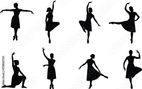 Silhouettes of ballerina dancers performing elegant ballet poses, graceful female dancers in motion, artistic dance silhouettes on white background, ballet 