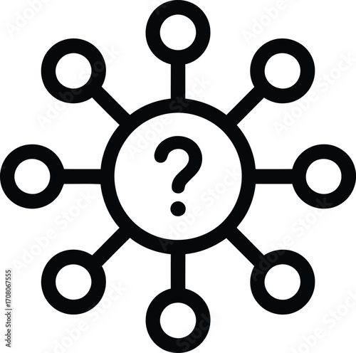 Illustration of Decision-Making Process Involving a Central Question Mark Surrounded by Eight Circular Options Connected by Lines Suggesting Exploration and Analysis