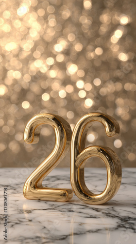26 number on table with sparkling gold bokeh wall, New Year golden background.
