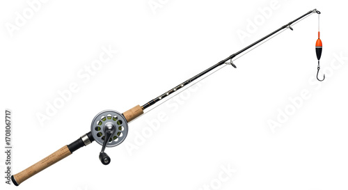 Cuadro en lienzo Isolated fishing rod with reel, line, hook, and bobber on the end, ready to use