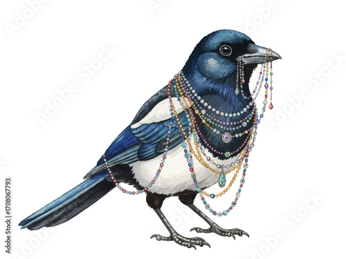 Graceful magpie holding a string of beads in its beak vibrant watercolor-style vector illustration. Adorned with collection of colorful necklaces, the bird's feathers have realistic texture. 