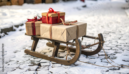 Nostalgic Holiday Delivery: Rustic Wooden Sled with Gifts on Snowy Cobblestones