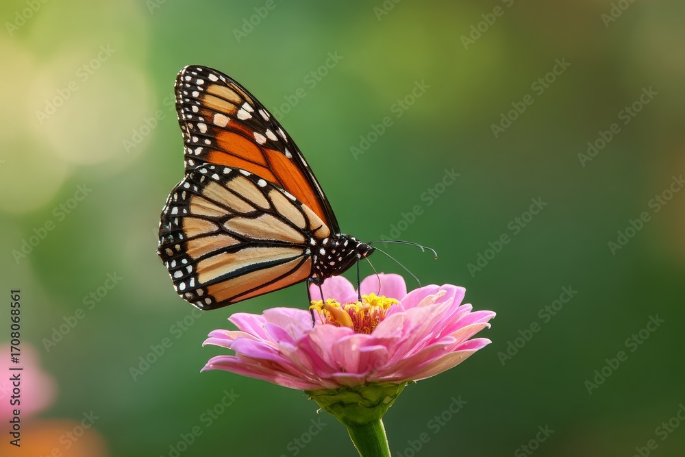 Fototapeta premium a Monarch butterfly rests delicately on a vibrant pink zinnia