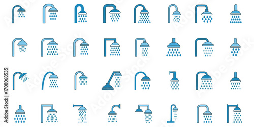 Assortment of Blue Shower Head Icons with Flowing Water Droplets on White Background bathroom