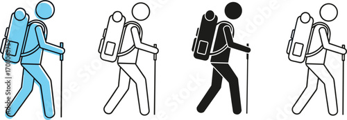 Backpacking Hiker Icons In Blue Outline Solid Black And White Outline backpacker trekking