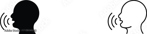 Black and White Icons of a Human Head Profile Speaking with Sound Waves talking voice