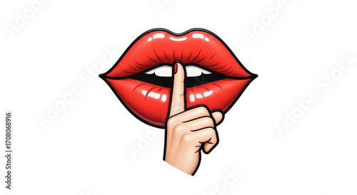 Fotografie Isolated red lips with finger gesturing for silence, a request for secrecy or qu