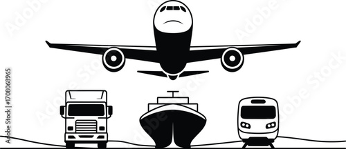 Transportation Modes Icons Representing Global Trade Logistics and Connectivity Including Aircraft, Truck, Cargo Ship, and Train Illustrations