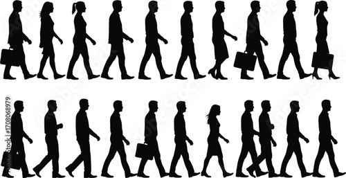 Silhouettes of business men and women walking in formal attire, carrying briefcases and folders, professional office workers, corporate team, business commute, isolated on white background.