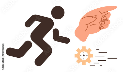 Running person indicating speed, hand pointing toward action or direction, and gear clock symbolizing time urgency. Ideal for productivity, efficiency, leadership, time, focus, management