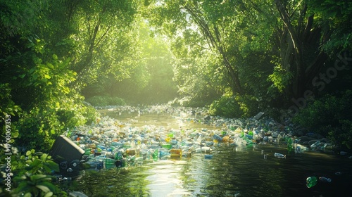Pollution is evident in plastic waste in peaceful stream contrasting natures beauty with contamination. This imagery urges collective action for a cleaner, healthier environment for future generations