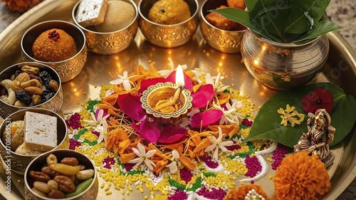 Traditional Hindu Puja Thali with a lit diya, sweets, and flowers for a festive ceremony