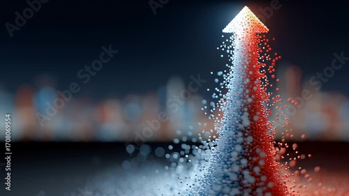 Dynamic abstract arrow composed of vibrant particles, symbolizing business growth and upward progress with a blurred city background.