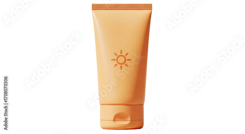 Isolated orange tube of sunscreen with sun symbol protects against harmful UV rays on body