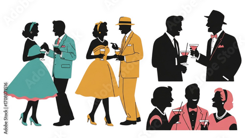 Vector Illustration of People Silhouettes in 1950s Fashion Party Outfits AI EPS PNG