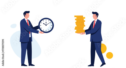 Businessmen exchanging time for money concept illustration.