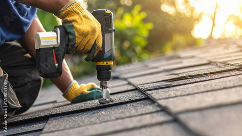 Close-up of a professional roofer's hands in protective gloves using a power drill to install new asphalt shingles on a residential house
