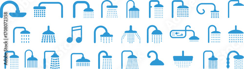 Collection of blue shower icons and a musical note on a white background Keywords: shower, icon, symbol, blue, water, bathroom
