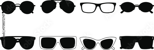 Collection of Diverse Sunglasses and Eyeglasses Silhouettes on White Background eyewear fashion