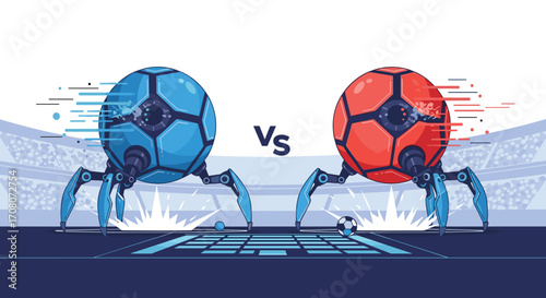 Robotic soccer match between two futuristic cyborg balls.