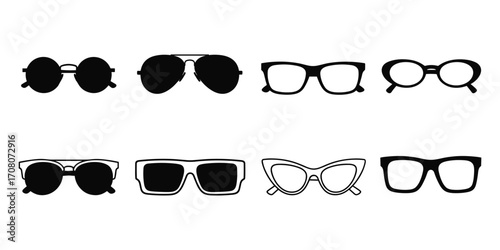 Collection of Eight Different Styles of Eyewear Silhouettes on White Background glasses sunglasses