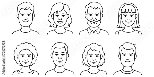 Collection Of Outline Human Avatars With Varying Facial Features And Hairstyles Keywords: avatar, people, icons, outline