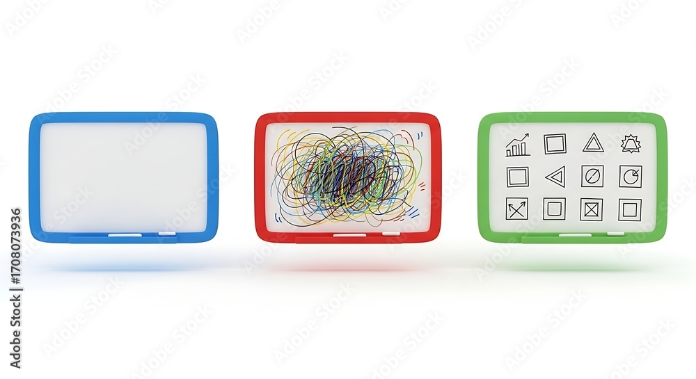 Fototapeta premium Three Different Colored Interactive Whiteboards with Various Designs.