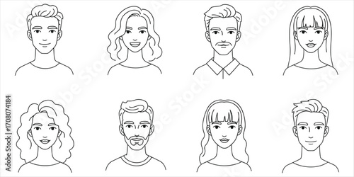 Diverse Set Of Outline Human Avatars With Different Hairstyles And Expressions Keywords: avatar, people, icons, outline, drawing