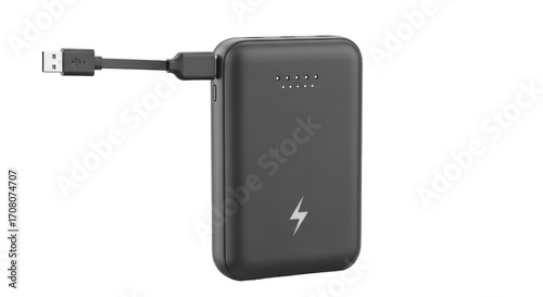 Isolated black power bank with built-in USB cable and lightning icon, portable charger