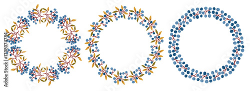 Flat vector set of round frames made of black rowan branches with and without leaves. Decorative autumn elements for seasonal invitations and banners.