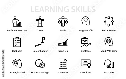Learning Skills Modern Line Icon Set with Professional Minimal Vector Style for Personal Growth, Productivity, Career Building, and Achievement Concepts