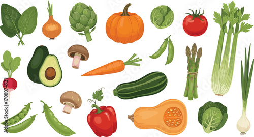 A vibrant collection of fresh, healthy, and colorful vegetables, perfect for illustrating healthy eating, cooking, and wellness
