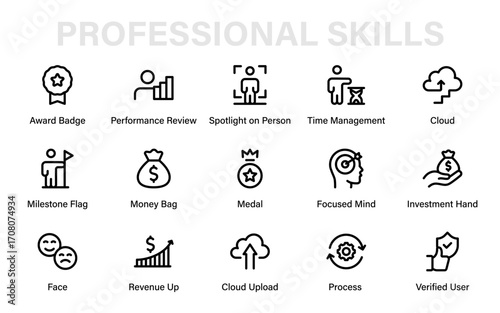 Professional Skills Modern Line Icon Collection with Unique Minimal Vector Style for Growth, Success, Career Development, Productivity, and Self Learning