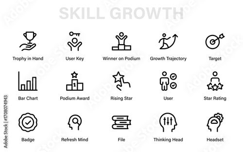 Skill Growth Professional Line Icon Collection with Modern Minimal Vector Style for Personal Success, Learning, Career Development, and Knowledge Concepts