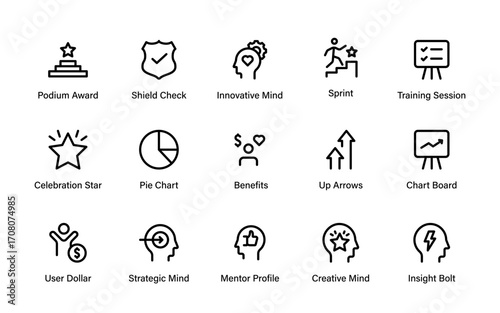 Productivity Skill Modern Line Icon Set with Professional Minimal Outline Style for Personal Growth, Self Development, Career Success, and Achievement Concepts