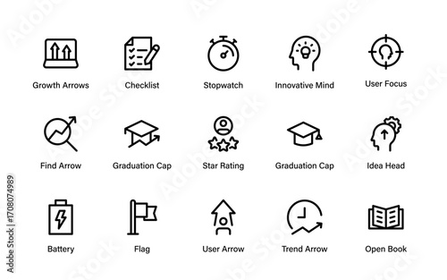 Success Growth Professional Line Icon Collection with Modern Minimal Vector Style for Skills, Self Development, Productivity, Knowledge, and Career Building