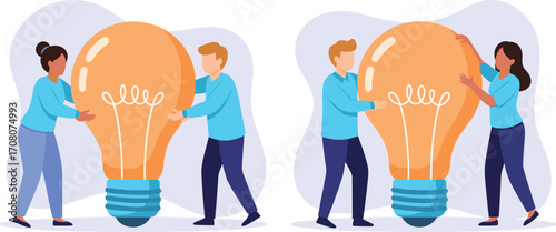 Teamwork and Innovation People Collaborate to Create Bright Ideas with a Giant Lightbulb