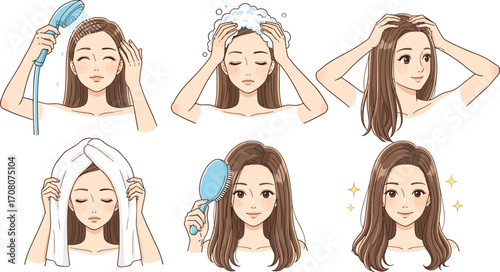 Illustrating the complete hair care routine, from washing and shampooing to drying and brushing, showcasing the steps for achieving beautiful, healthy, and shiny hair