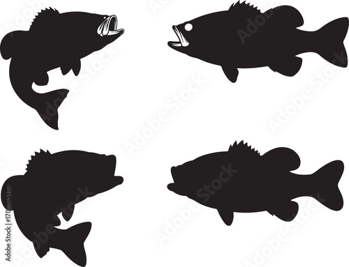 Collection of black bass fish silhouettes aquatic