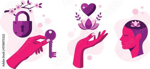 Abstract concept illustrations for mental wellness, self-discovery, and spiritual growth, symbolizing inner peace, emotional balance, and unlocking personal potential