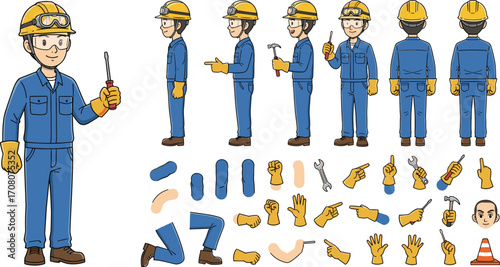Cartoon industrial worker character creation set with multiple views, body parts, and hand tools for animation