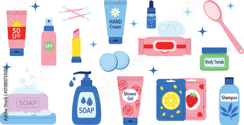 A vibrant and colorful set of cosmetic, hygiene, and skincare essentials for a daily beauty routine and wellness concept