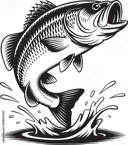 Largemouth bass jumping from water splash fish leaping