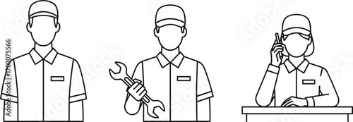 Line Art Icons of Service Workers and Communicator on White Background three tools