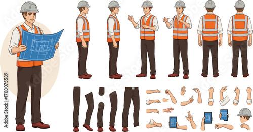 Vector illustration of a construction worker character set with various poses and separate body parts for animation and design