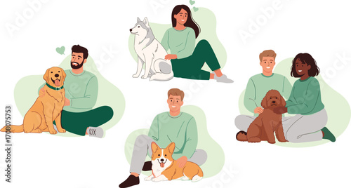 Vector illustration set of diverse people hugging their pet dogs. Men and women showing love and companionship with their animal friends
