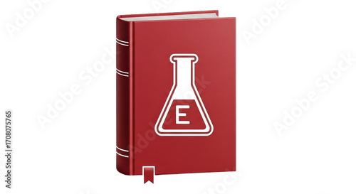 Isolated image of a red book with a science flask and the letter E on the cover design