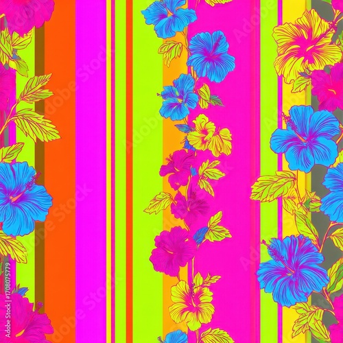 Vibrant Floral Pattern with Neon Stripes: Colorful Tropical Hibiscus Design.