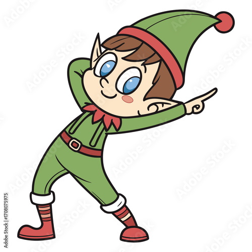 Vector drawing of a funny green elf kid with a Christmas hat and gifts